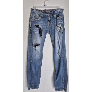 Rock Revival Indus Jeans Mens 34x35 Distressed Patches Thrashed